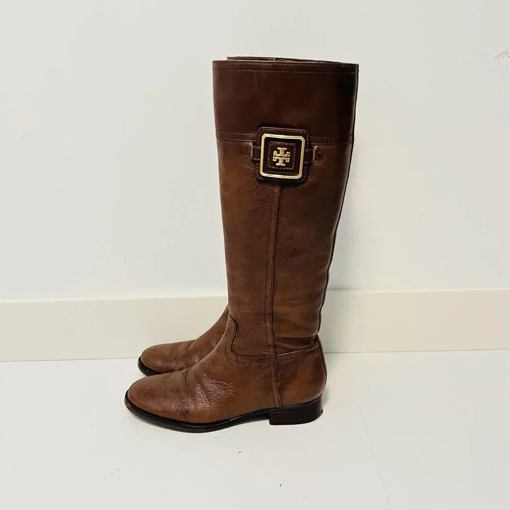 Tory Burch Boots Womens 7 Brown Leather Knee High Riding Logo Buckle Zip Shoes